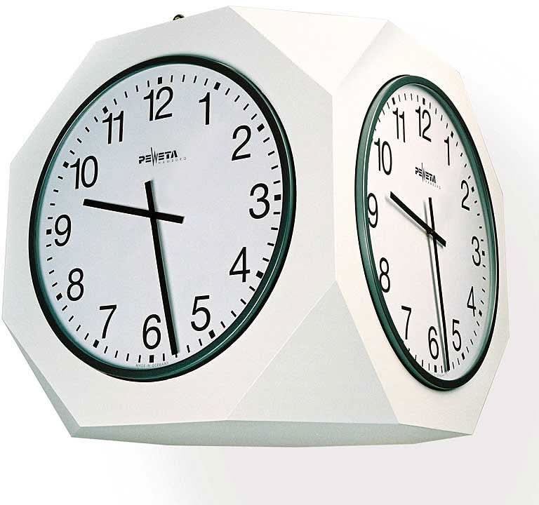 Reloj de pared con esfera blanca, juego de manecillas negras y borde verde en caja metálica