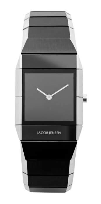 "Reloj de mujer Jacob Jensen con esfera negra, correa de metal plateado y negro y manecillas blancas."