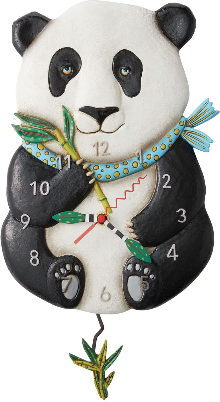 Reloj de pared con diseño de panda, esfera blanca, marco negro y números redondos