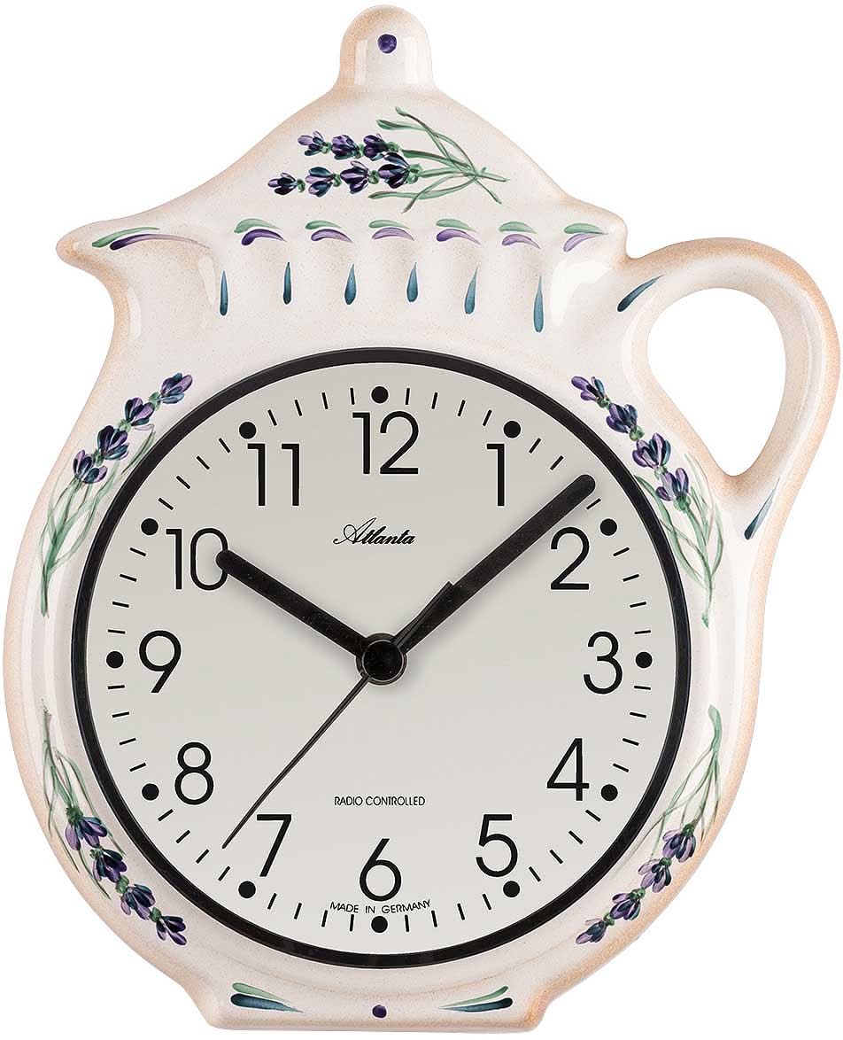 Reloj de pared de cerámica con forma de tetera, blanco con flores azules, esfera negra, asa