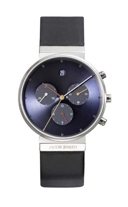 Reloj de pulsera cronógrafo con esfera azul-negra, caja de color titanio y correa de cuero negra