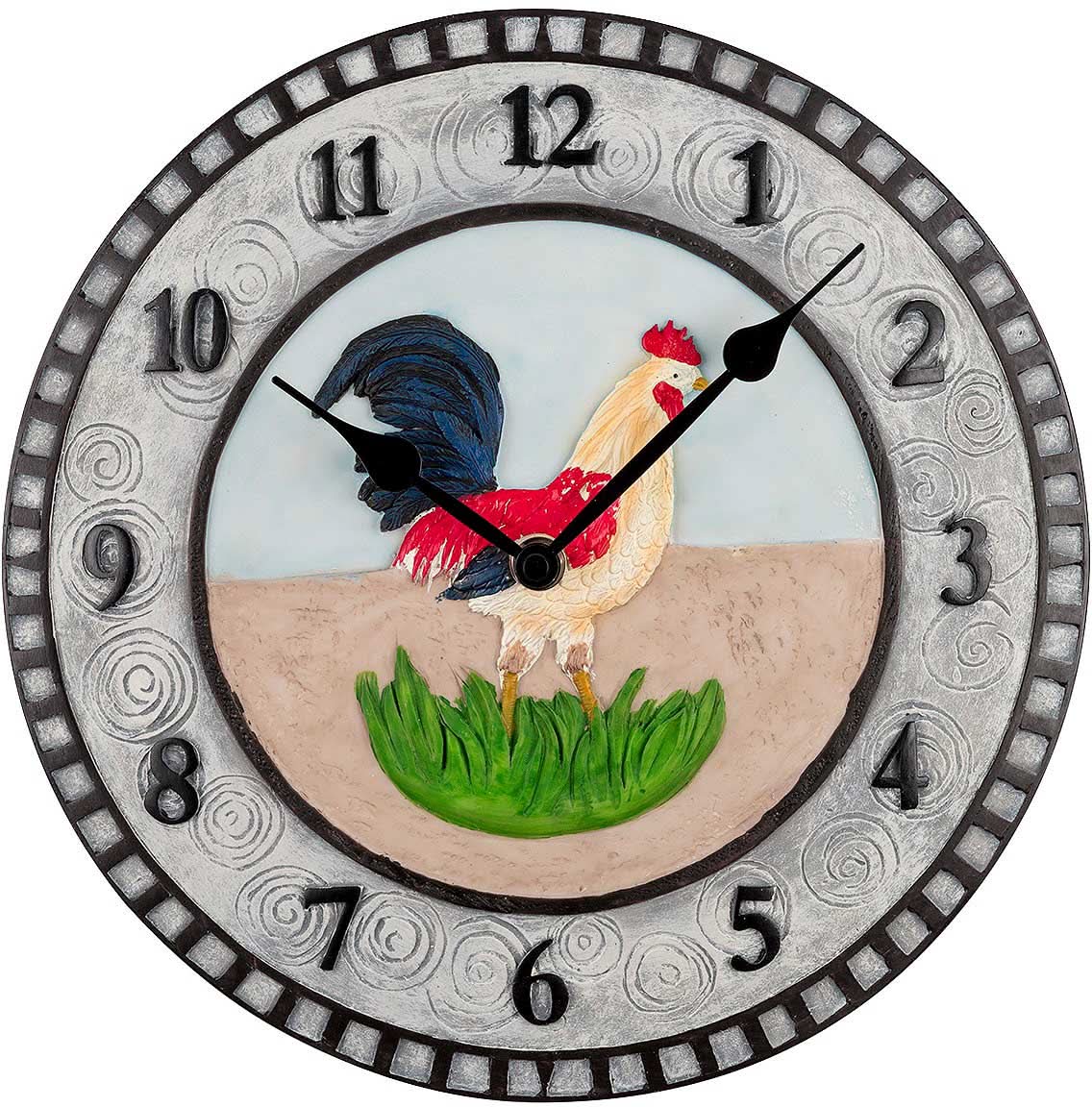 Reloj de pared redondo Ø 29 cm: esfera plateada, números romanos, figura de gallo