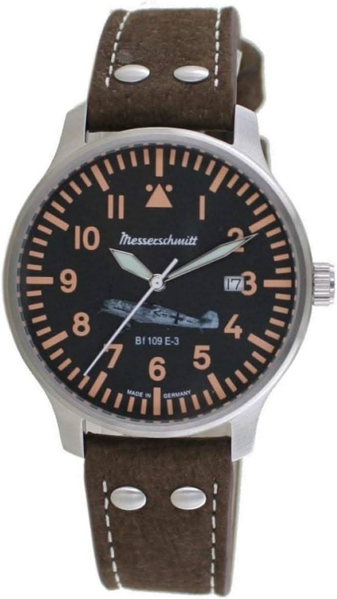 Reloj de pulsera para hombre con correa de cuero marrón y esfera negra, analógico, estilo aviador