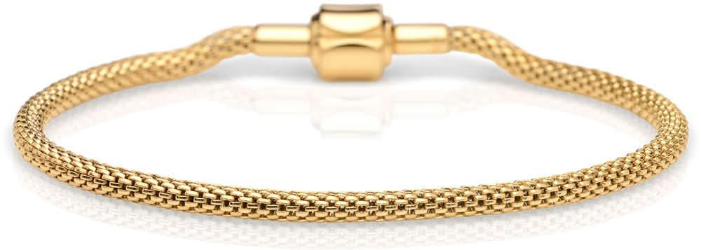 Pulsera de acero inoxidable en tono dorado con estructura de cadena trenzada y cierre