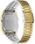 Reloj retro con caja dorada, pantalla digital negra y correa bicolor