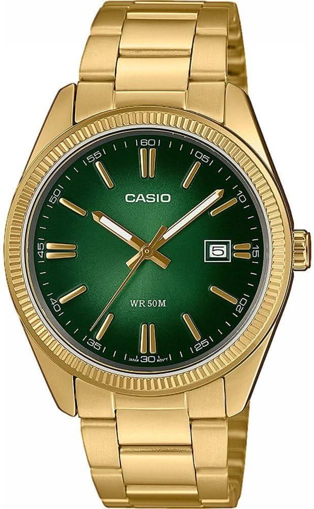 Reloj analógico con esfera verde, correa de metal dorada y ventana de fecha