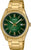 Reloj analógico con esfera verde, correa de metal dorada y ventana de fecha
