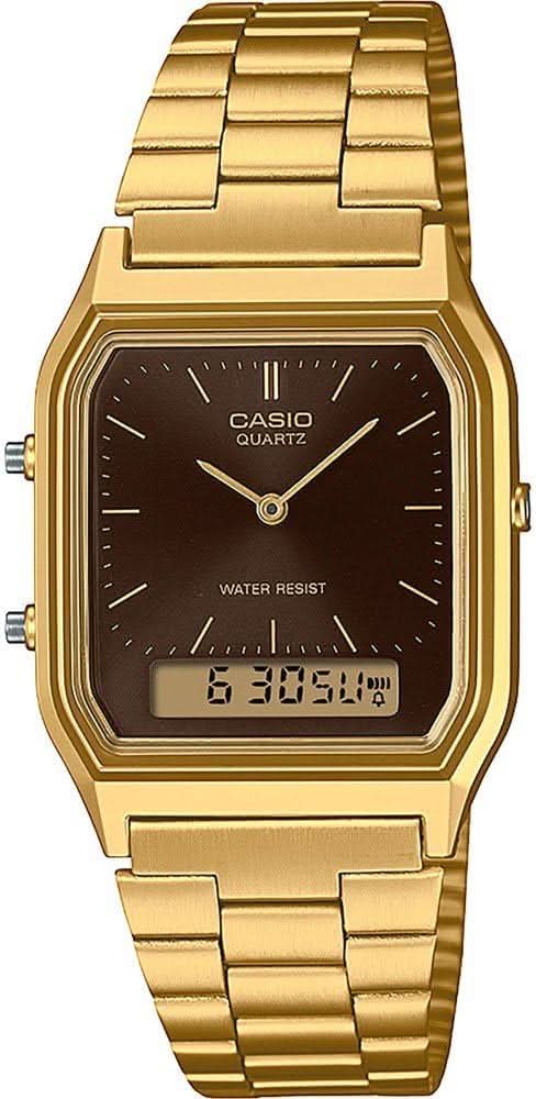 Reloj retro dorado con correa de metal, esfera negra y pantalla digital