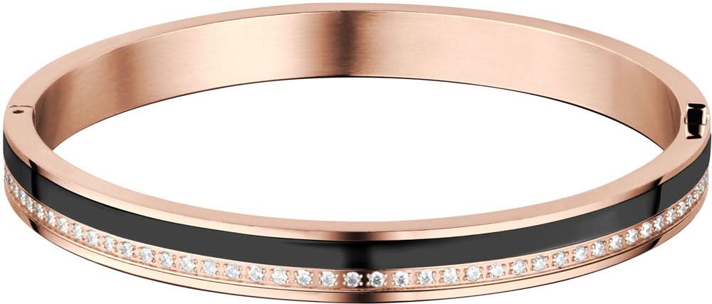 Brazalete de acero inoxidable en tono oro rosa con detalle negro y adornos de pedrería.