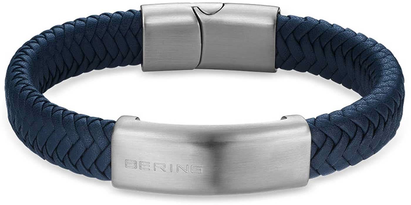 Pulsera de cuero trenzado, azul oscuro, con cierre plateado y grabado de Bering