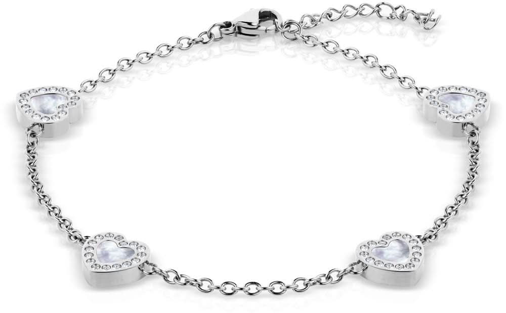 Pulsera de acero inoxidable con dijes de corazón y piedras brillantes, eslabones de cadena