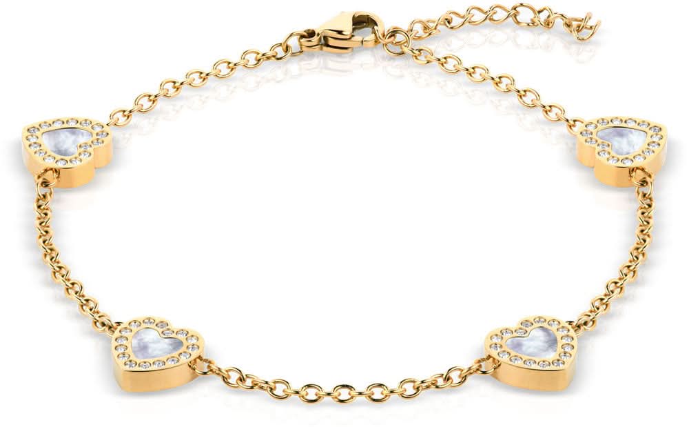 Pulsera dorada con elementos de corazón e incrustaciones de piedras de brillo azul