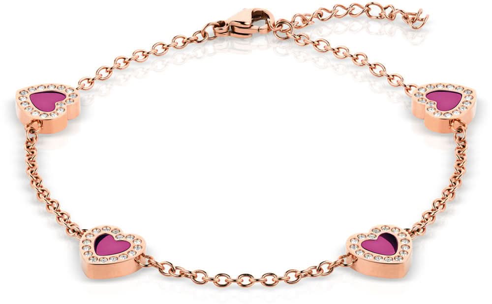Pulsera de acero inoxidable con cadena de oro rosa y colgantes de corazón con incrustaciones moradas