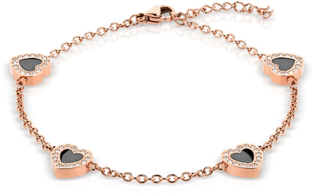 Pulsera color rosado con dijes de corazón y detalle negro