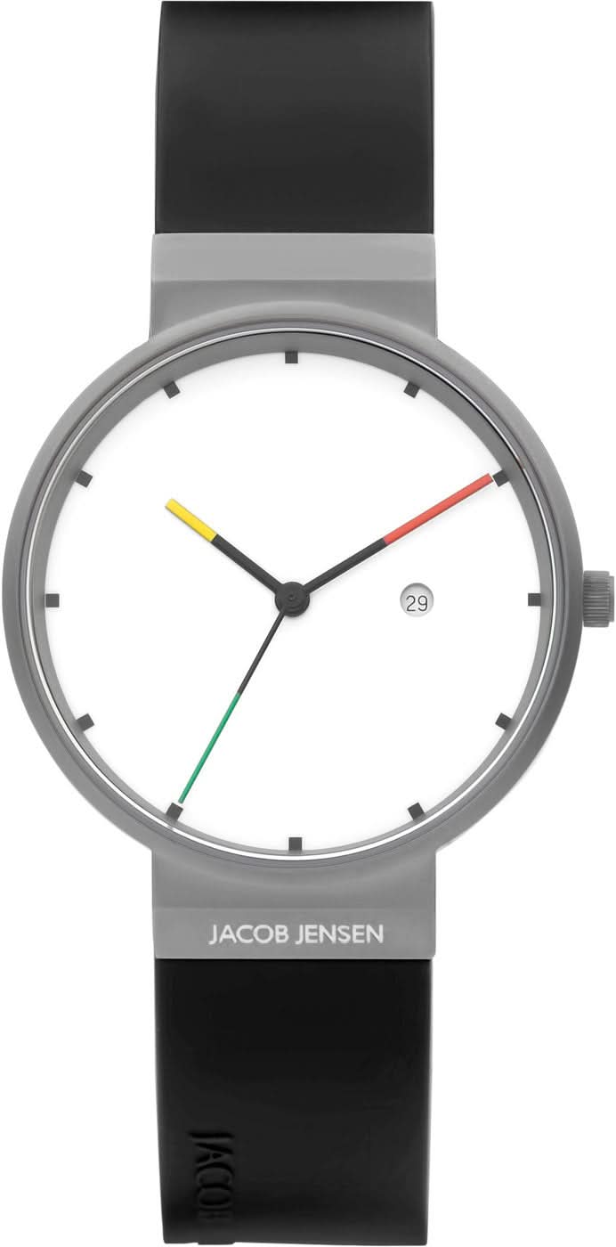Reloj unisex Jacob Jensen de titanio con esfera blanca, manecillas de colores y correa negra