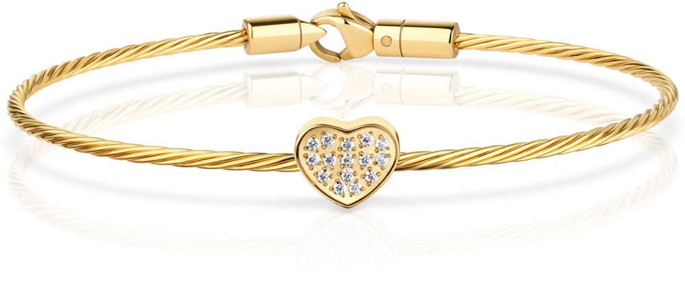 Pulsera trenzada con charm de corazón de metal, color dorado, con piedras de circonita azules