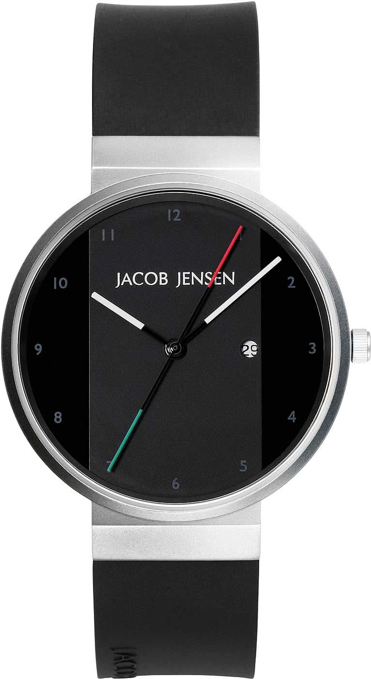 Pulsera Jacob Jensen para hombre: esfera negra, caja de titanio, correa de silicona negra