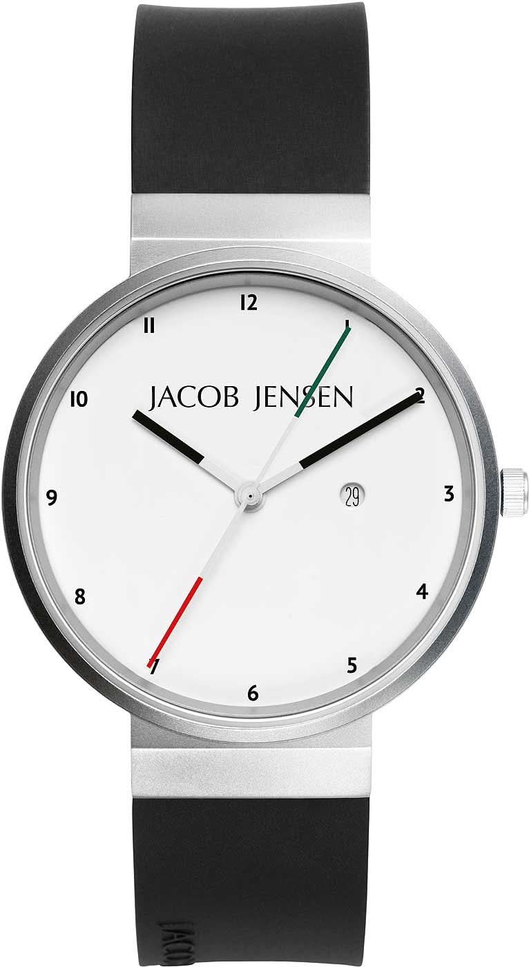 Reloj Jacob Jensen para hombre con esfera blanca, manecillas negras y correa de caucho negra