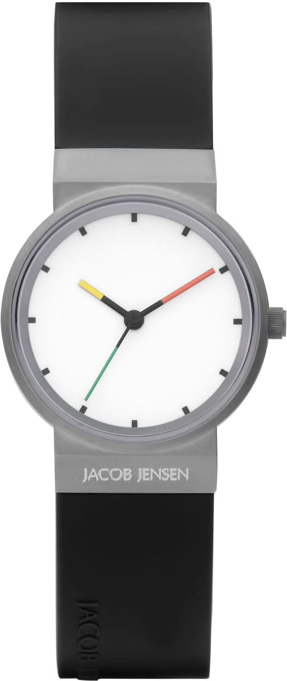 "Reloj Jacob Jensen para mujer con esfera blanca, manecillas de colores y brazalete de titanio negro"