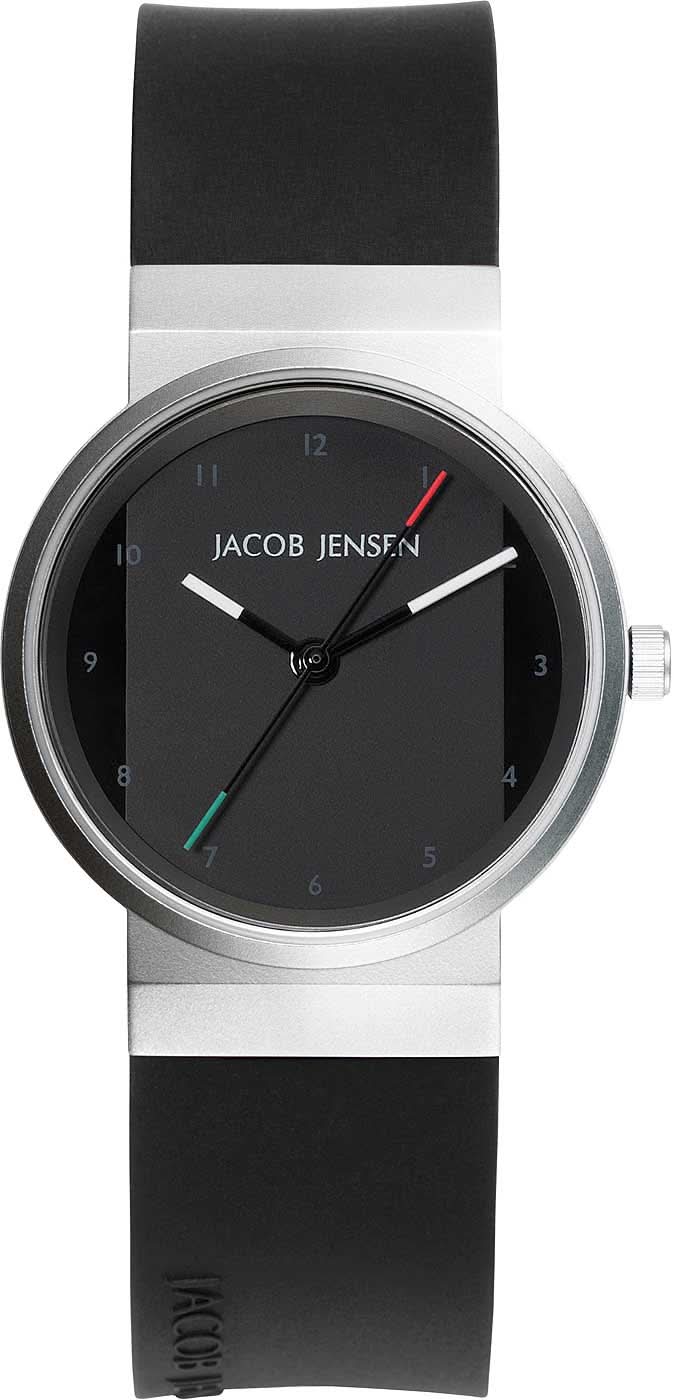 Reloj de mujer con esfera negra, caja plateada y correa de piel negra, JACOB JENSEN
