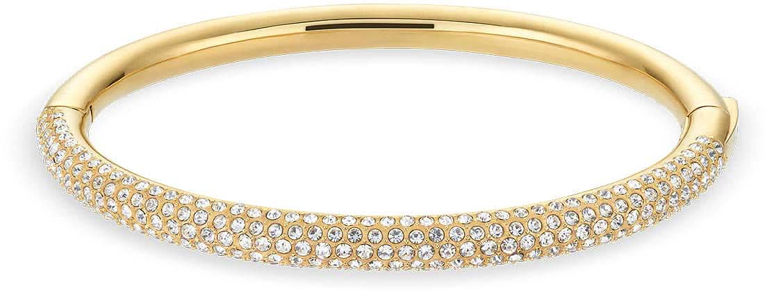 Pulsera de acero inoxidable en tono dorado con adornos de pedrería, forma ovalada