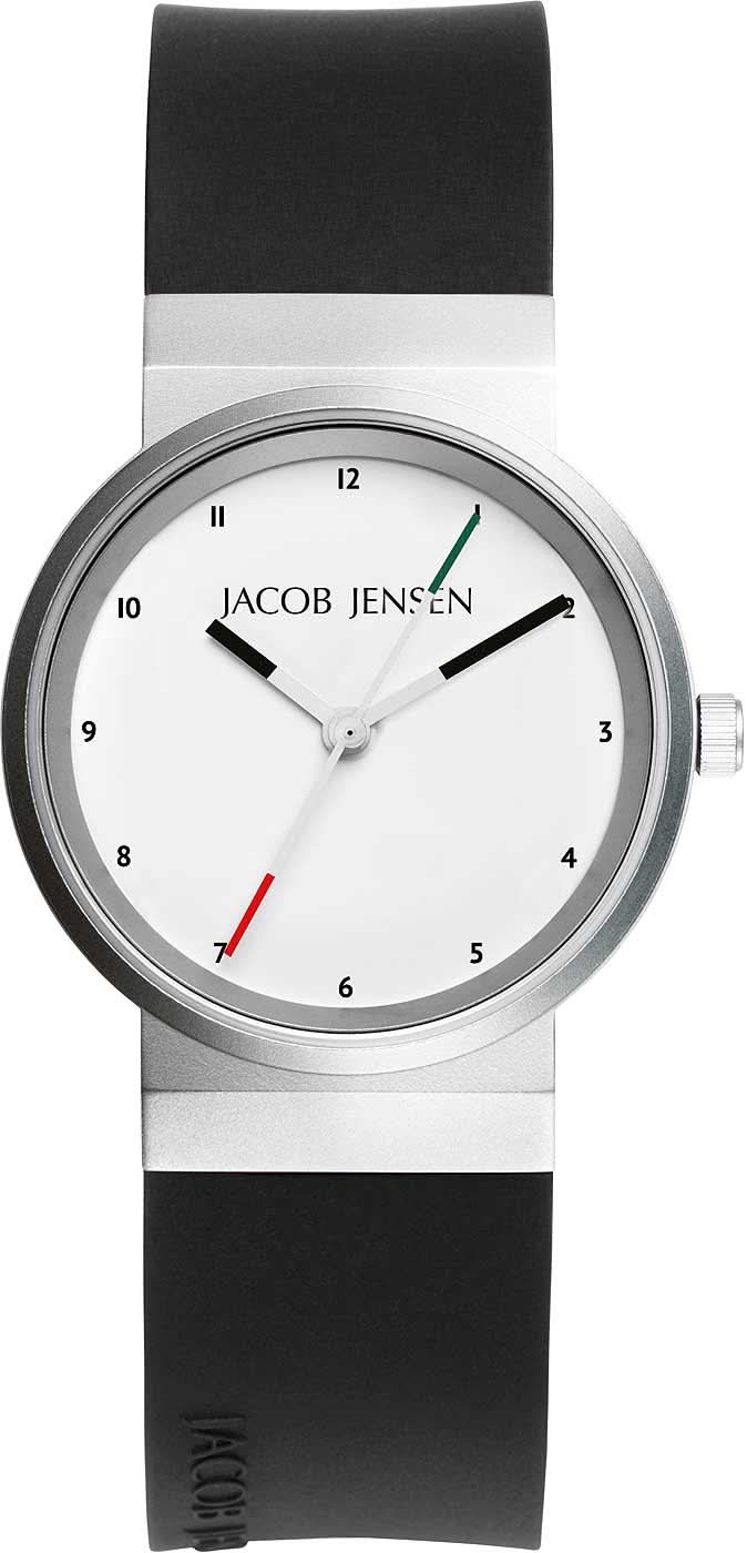 "Reloj de mujer con caja redonda plateada, esfera blanca, correa negra y manecillas verdes/rojas"