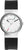 "Reloj de mujer con caja redonda plateada, esfera blanca, correa negra y manecillas verdes/rojas"