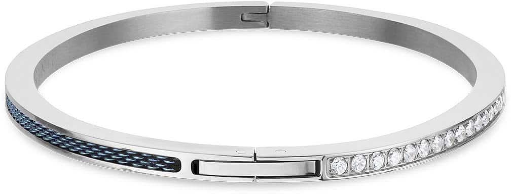 Pulsera de acero inoxidable con trenzado azul y fila de pedrería en el borde