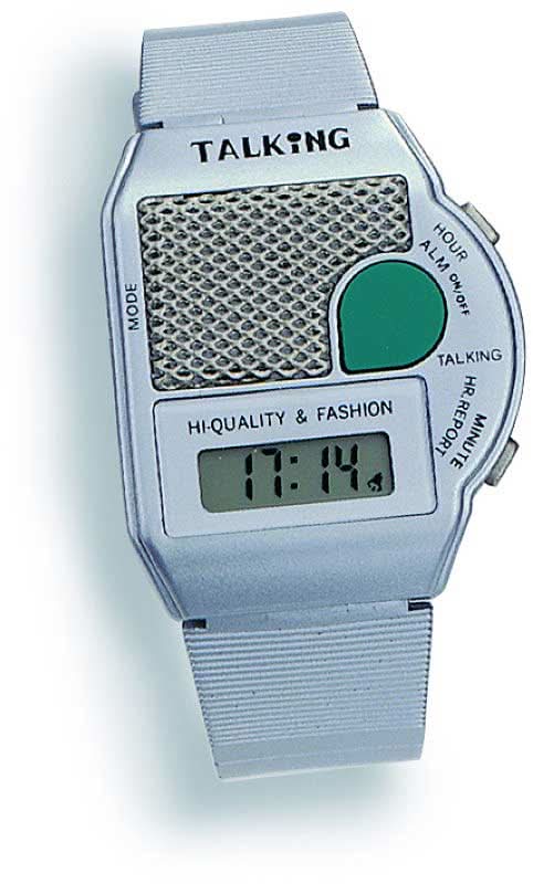 Reloj digital parlante con correa clara, pantalla rectangular y botones en el borde