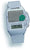Reloj digital parlante con correa clara, pantalla rectangular y botones en el borde