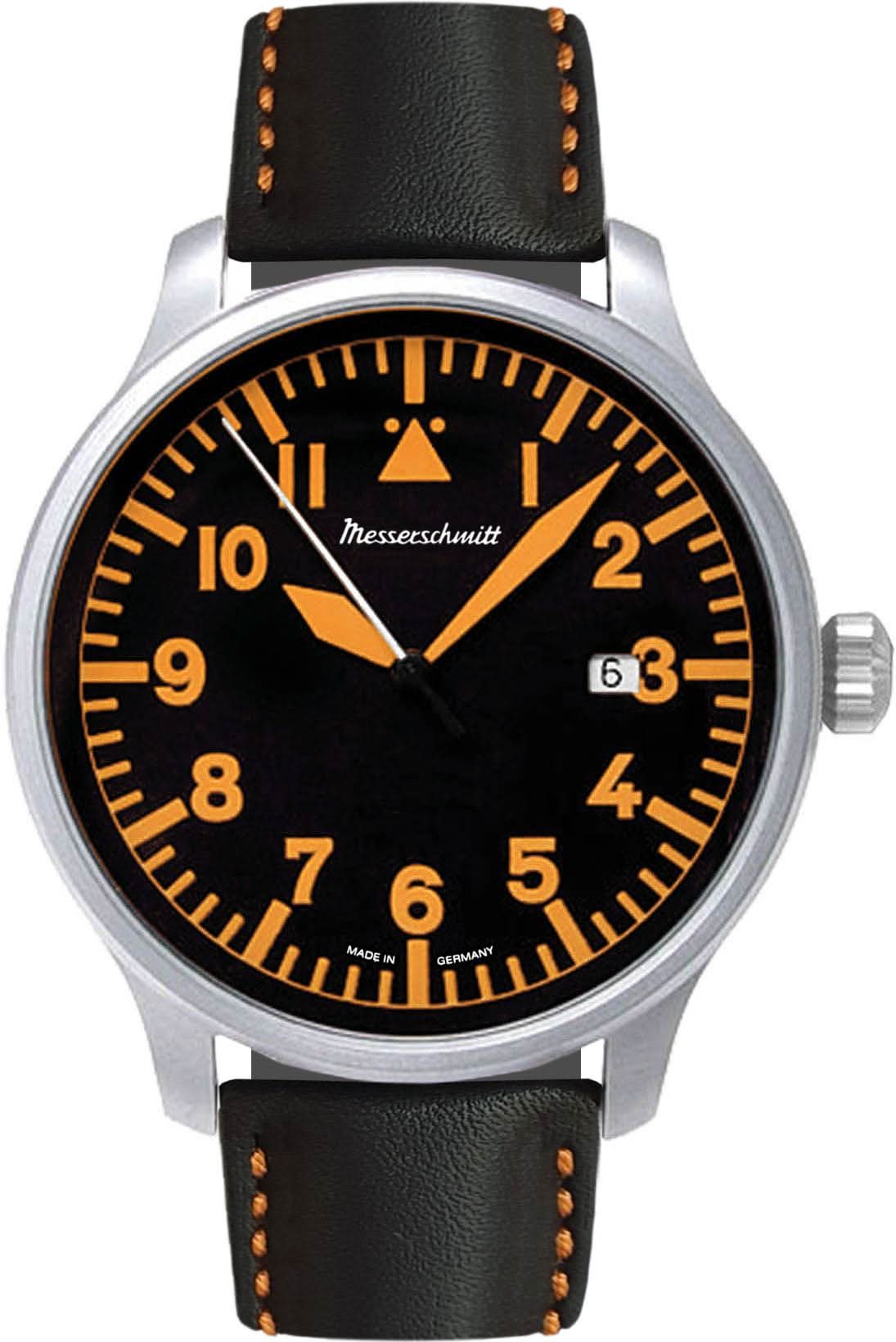 Reloj Messerschmitt para hombre con esfera negra, números naranjas y correa de cuero