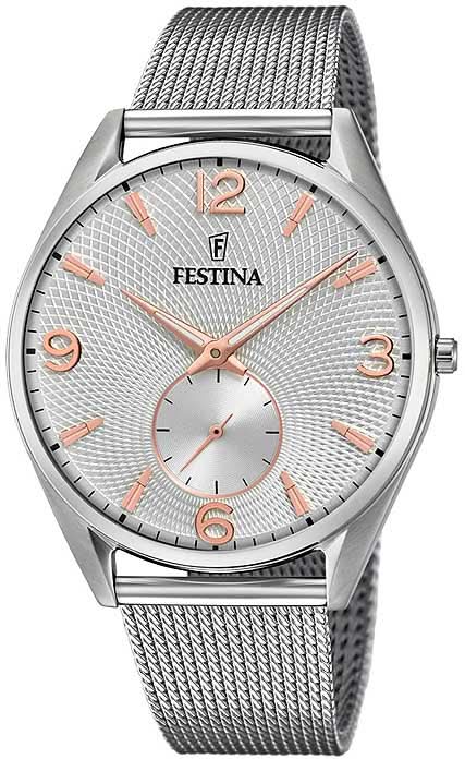 Reloj de pulsera para hombre Festina con correa de malla plateada y esfera blanca