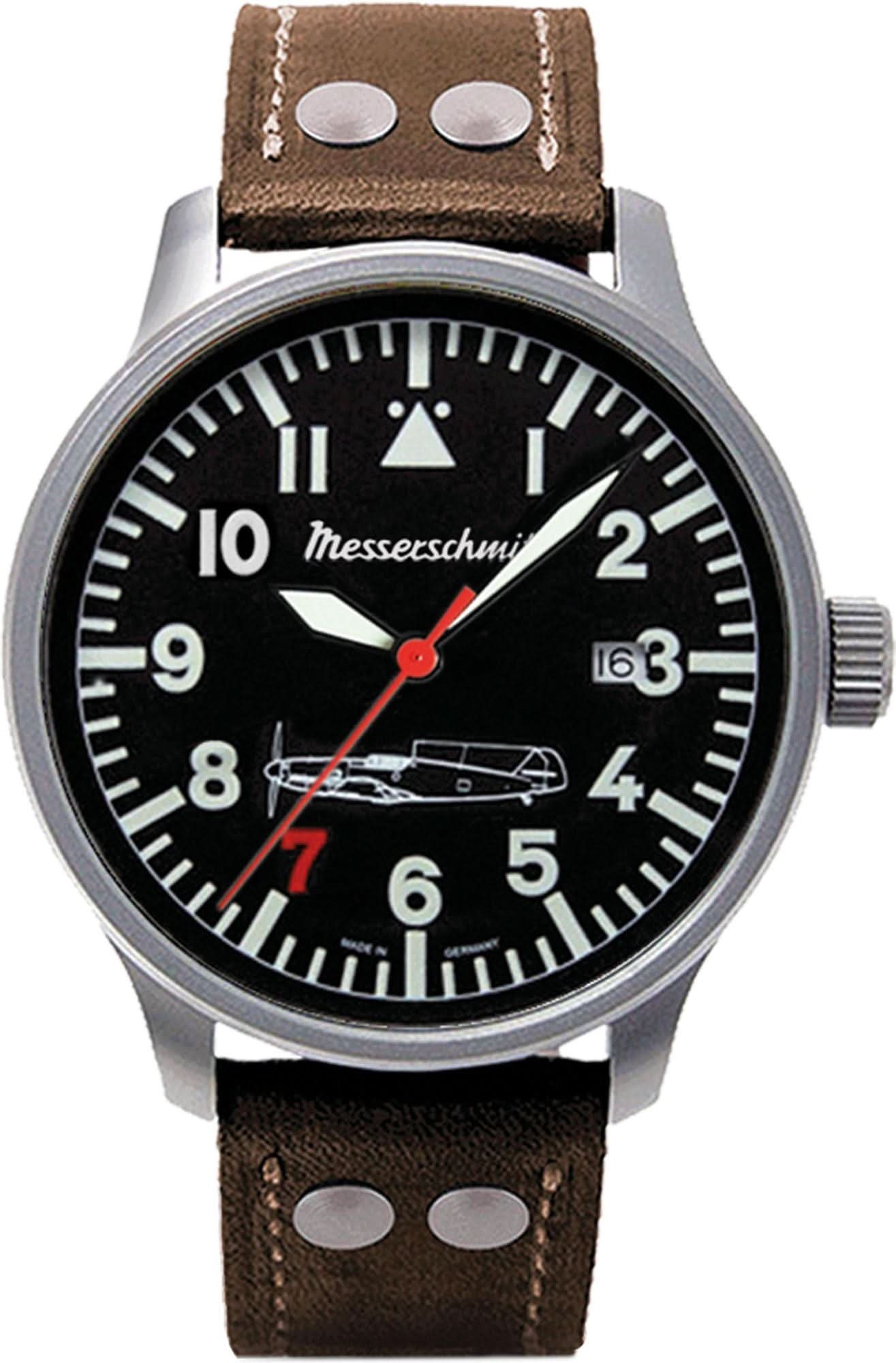 Reloj Messerschmitt para hombre con correa de cuero marrón y esfera negra con diseño de avión