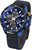 Reloj de hombre con esfera azul, caja negra y correa de cuero azul con costuras