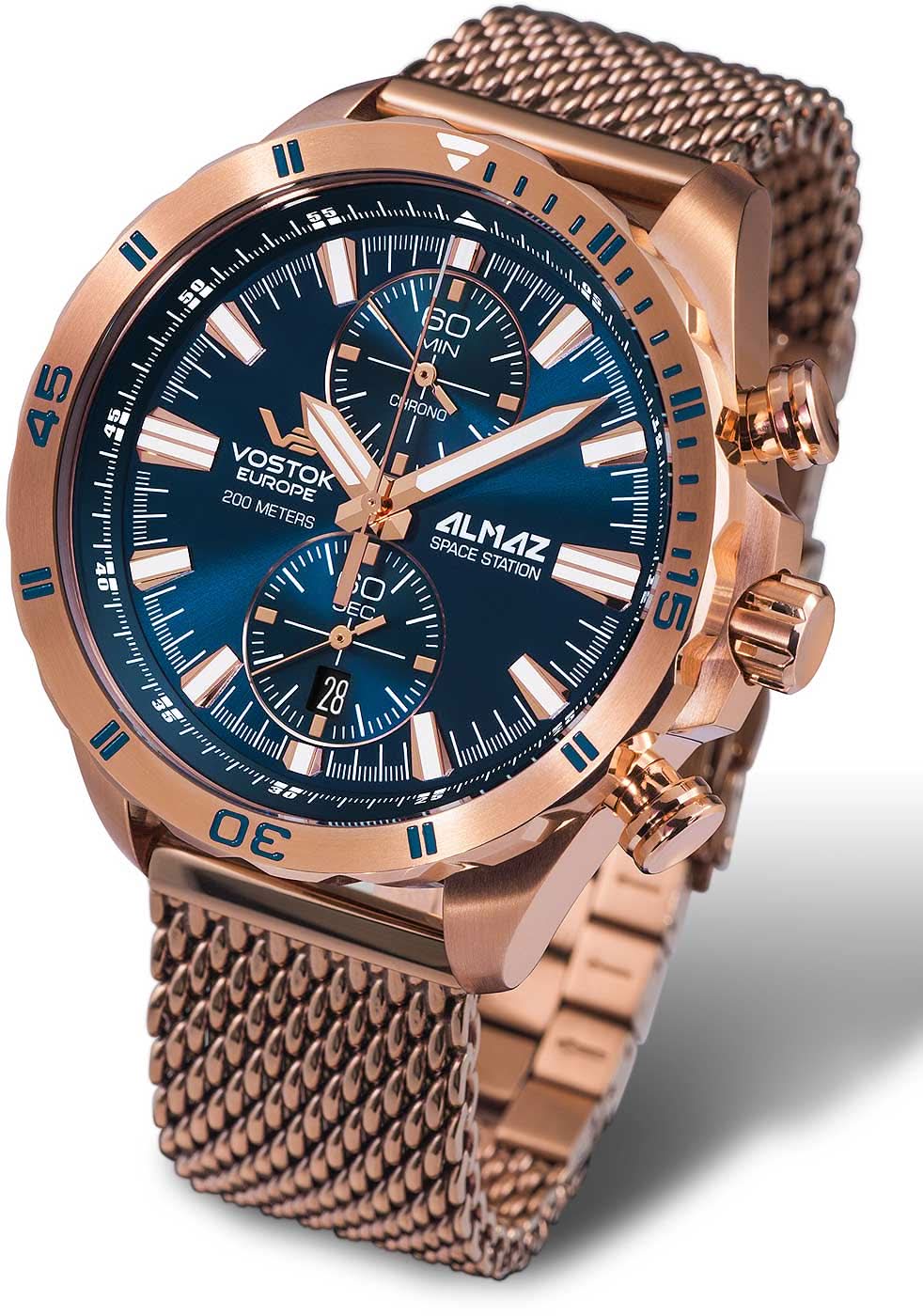 Reloj Vostok Europe para hombre con esfera azul, bisel oro rosa y correa de metal