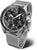 Reloj de hombre con correa de acero inoxidable plateado y esfera negra con subesferas de cronógrafo