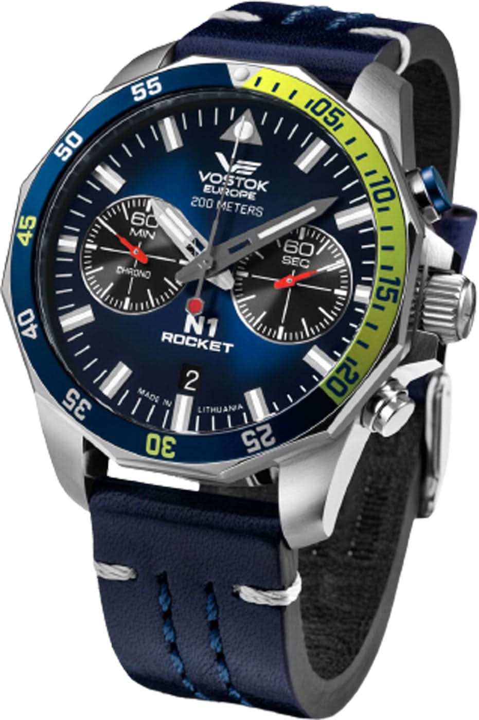 Reloj de hombre con esfera azul oscuro, diseño cronógrafo y correa de piel azul oscuro