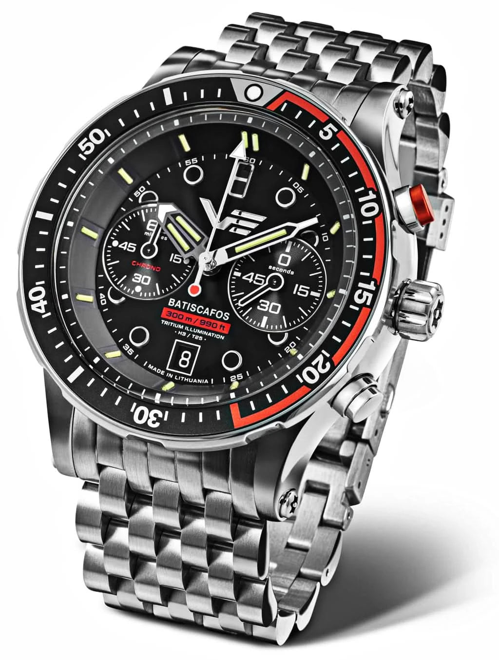 Reloj de hombre con correa de metal, esfera negra y bisel rojo, cronógrafo