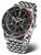 Reloj de hombre con correa de metal, esfera negra y bisel rojo, cronógrafo