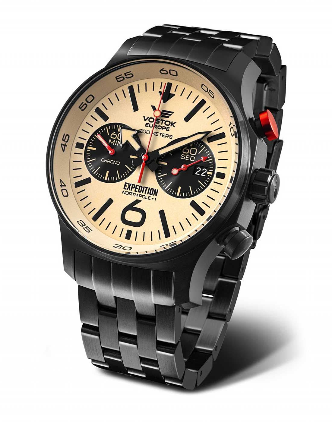Reloj Vostok Europe para hombre con correa de metal negra, esfera beige, cronógrafo