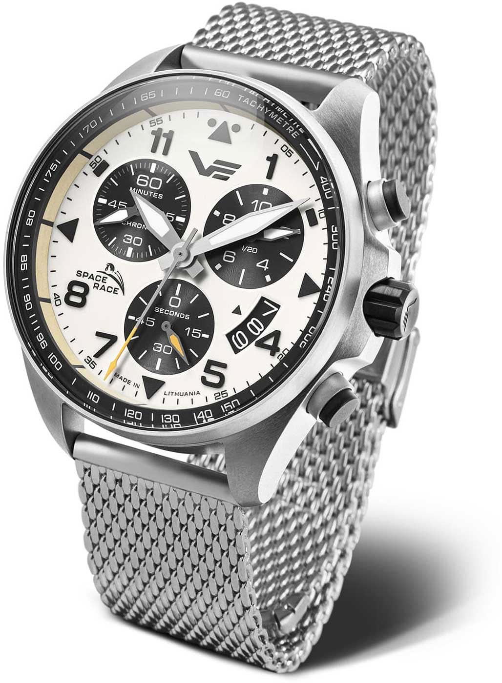 Pulsera de hombre: correa de malla plateada, esfera de cronógrafo negra/blanca