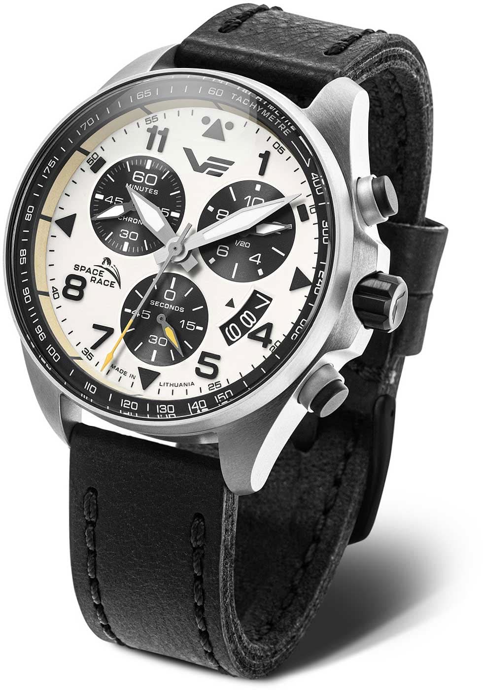 Reloj cronógrafo para hombre con esfera negra, subesferas blancas y correa de cuero