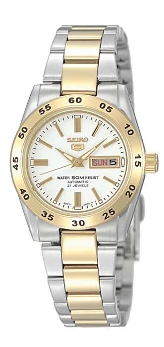 Seiko 5 Reloj de mujer con brazalete de acero inoxidable bicolor, esfera plateada y dorada y visualización de fecha