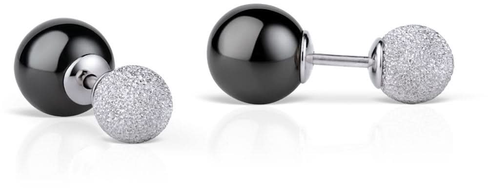Pendientes con bola oscura y aplique plateado brillante, cierre de presión de plata de ley