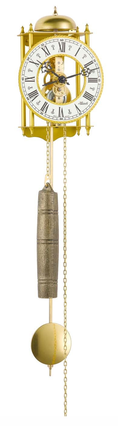 Reloj de pared Hermle, reloj de péndulo redondo de metal en dorado con esfera romana y peso de cadena