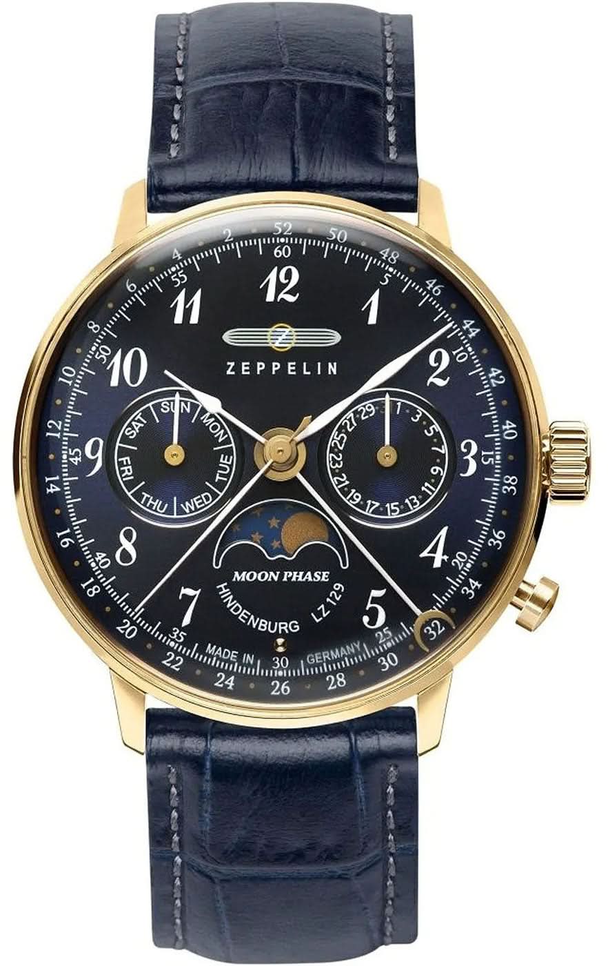Reloj de mujer: esfera azul con fase lunar, correa de cuero azul oscuro, caja dorada