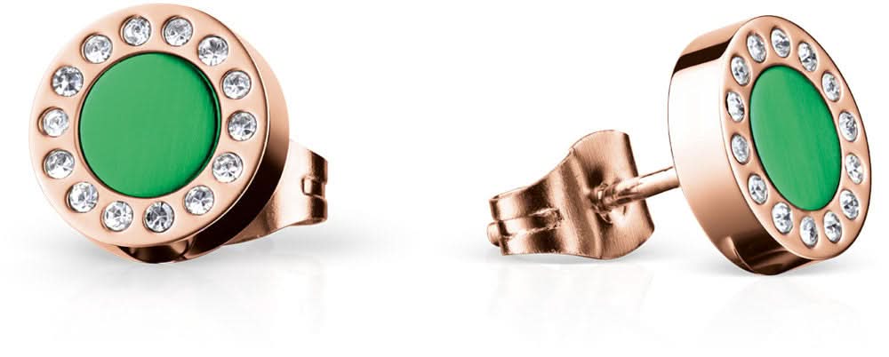 Pendientes de acero inoxidable, redondos: diseño en tono oro rosa con piedra verde y circonita