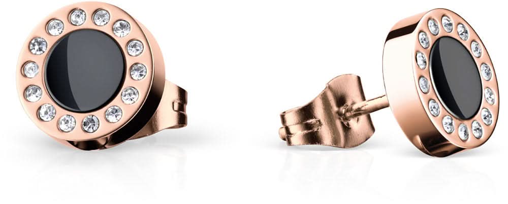 Pendientes con inserto redondo negro y borde de pedrería brillante, color oro rosa
