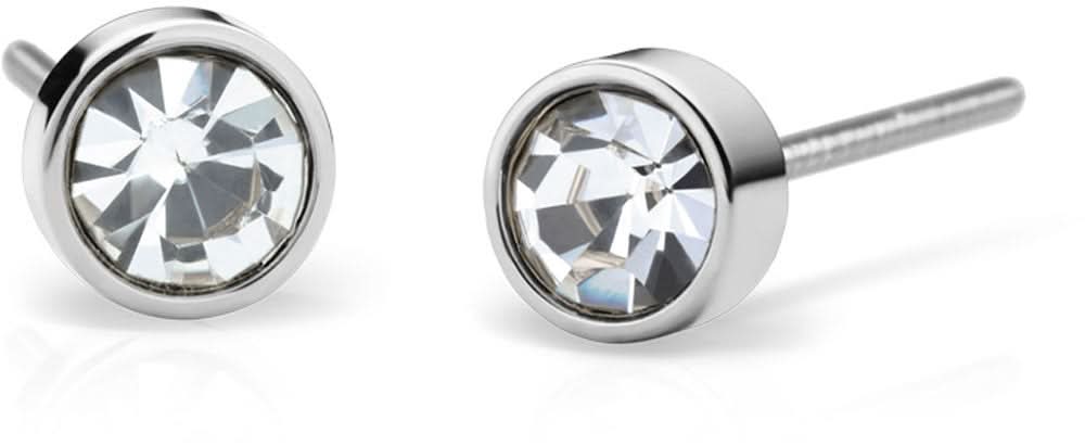 Pendientes de acero inoxidable con cristal redondo facetado y diseño de presión
