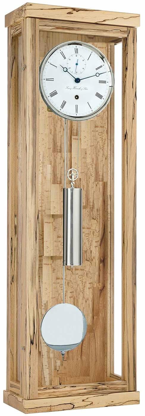 Reloj de pared de madera con caja rectangular y esfera redonda, péndulo y regulador de peso